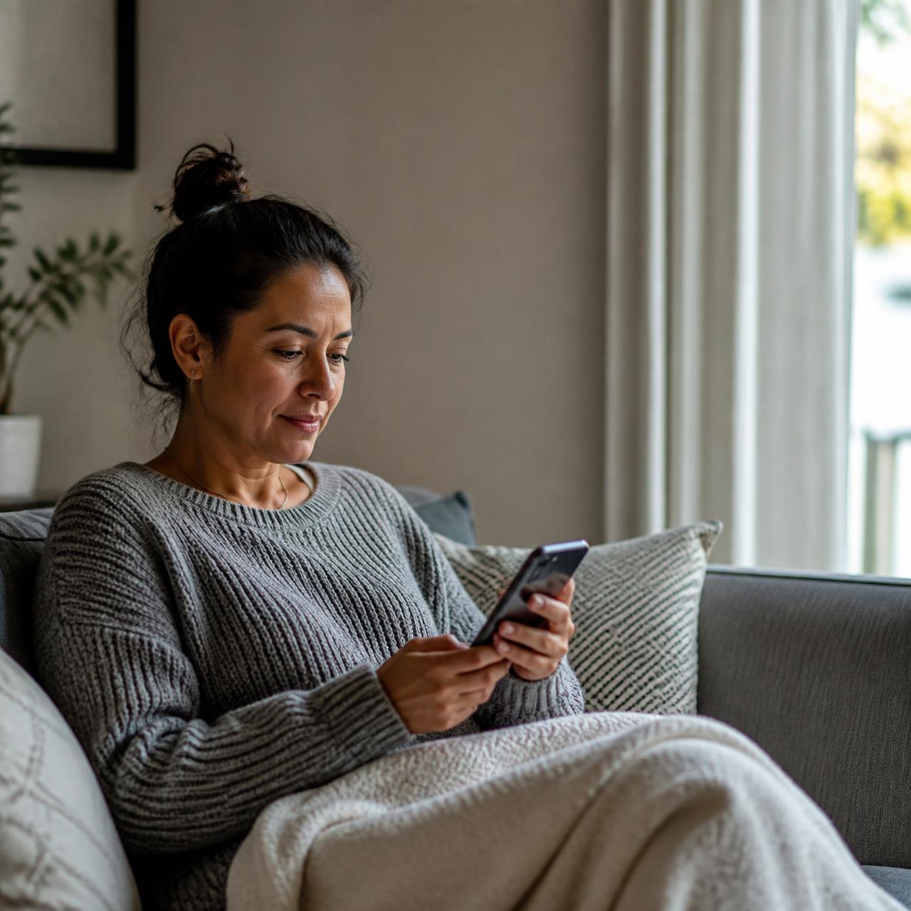 Mãe em casa, sentada no sofá, consultando o celular com calma